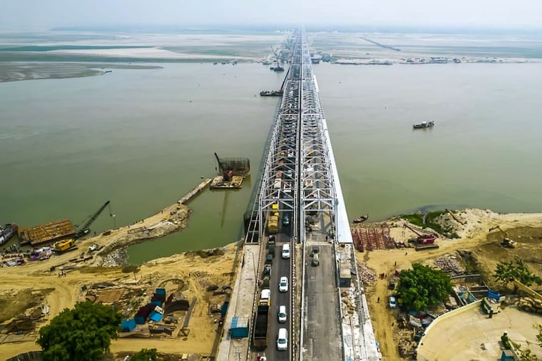 An aerial view of the restructured flank of Mahatma Gandhi Setu, the 5.6-kilometre-long bridge connecting North and South Bihar over the river Ganga in Patna, on June 6, 2022. Afcons partnered with MoRTH to rehabilitate the bridge, using 66,360 metric tonnes of steel, giving it a new lease of life.