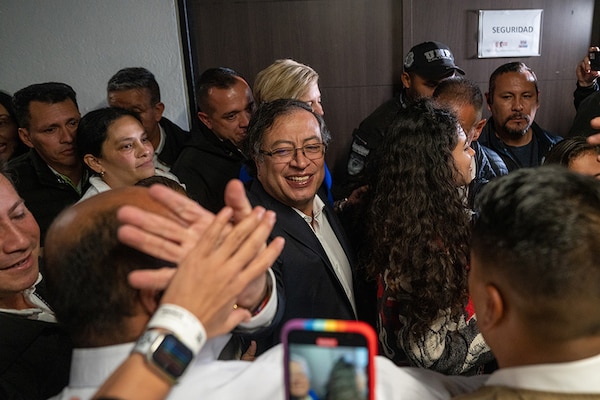 Gustavo Petro celebrates after winning the presidential election in BogotÃ¡, Colombia, on Sunday, June 19, 2022. Petro, a former rebel and a longtime senator who has pledged to transform the country’s economic system, has won Sunday’s election, according to preliminary results, setting the third largest nation in Latin America on a radically new path. (Federico Rios/The New York Times)