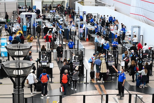 Airline passengers wait at a checkpoint to clear security before boarding to flights in the airport terminal in Denver, Colorado on April 19, 2022. Image: Patrick T. Fallon / AFP Airline passengers wait at a checkpoint to clear security before boarding to flights in the airport terminal in Denver, Colorado on April 19, 2022. Image: Patrick T. Fallon / AFP
