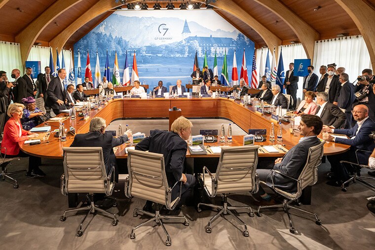 A view of the room at the G-7 summit, the annual meeting of the leading democratic economies, in Elmau, Germany. The participants of the G7 summit and the guests from the outreach countries—India, Indonesia, South Africa, Senegal and Argentina—will focus on climate protection and the global food crisis resulting from the Ukraine war.