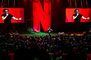 A trailer launch for Bollywood actor Ranveer Singh"s upcoming Netflix series ‘Ranveer VS Wild with Bear Grylls’ in Mumbai on June 24, 2022. The streaming platform is planning to introduce a new cheaper subscription model by the end of the year that would break its taboo on advertising. Image:&nbspSUJIT JAISWAL / AFP