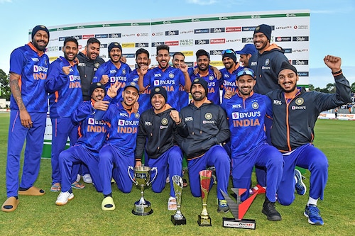 The India team celebrated with the Stake.com Trophy after the LevelUp11 Second Men"s T20 International match between Ireland and India at Malahide Cricket Club in Dublin. India beat Ireland by 4 runs in the high-scoring thriller and clinched the 2-match series 2-0.