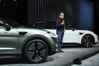 Sony chief executive officer Kenichiro Yoshida unveils the Sony Vision-S SUV prototype electric vehicle during the Sony press conference ahead of the Consumer Electronics Show (CES) on January 4, 2022 in Las Vegas, Nevada. - Sony unveiled a new prototype of its Vision-S electric vehicle and announced the founding of a company to explore jumping into the rapidly growing market.&nbsp(Photo by Patrick T. FALLON / AFP)