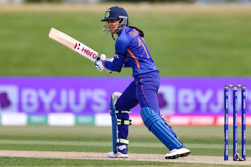 India"s Smriti Mandhana plays a shot during the Round 1 Women"s Cricket World Cup match between India and Pakistan at Bay Oval in Tauranga on March 6, 2022.
Image: Michael Bradley/ AFP India"s Smriti Mandhana plays a shot during the Round 1 Women"s Cricket World Cup match between India and Pakistan at Bay Oval in Tauranga on March 6, 2022.
Image: Michael Bradley/ AFP