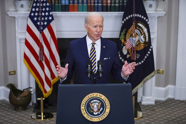 President Joe Biden speaks in the Roosevelt Room of the White House March 8, 2022 in Washington, DC. During his remarks, Biden announced a full ban on imports of Russian oil and energy products as an additional step in holding Russia accountable for its invasion of Ukraine. (Credit: WIN MCNAMEE / GETTY IMAGES NORTH AMERICA / Getty Images via AFP)â€‹