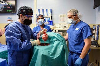 This handout photo released by the University of Maryland School of Medicine on January 10, 2022 shows surgeons performing a transplant of a heart from a genetically modified pig to patient David Bennett, Sr., in Baltimore, Maryland, on January 7, 2022. (Credit: UNIVERSITY OF MARYLAND SCHOOL OF MEDICINE / AFP)