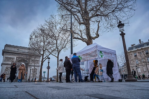 Tourists and Parisians are tested at a Covid-19 testing site on the Champs Elysees in Paris, as France recorded over half a million Covid-19 cases in single day of the last week of January 2022, fuelled by the Omicron variant, in Paris, France.
Image: Kiran Ridley/Getty Images Tourists and Parisians are tested at a Covid-19 testing site on the Champs Elysees in Paris, as France recorded over half a million Covid-19 cases in single day of the last week of January 2022, fuelled by the Omicron variant, in Paris, France.
Image: Kiran Ridley/Getty Images