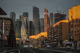 Moscow"s financial district in Russia on Nov. 24, 2021. The Russian government owes about $40 billion in dollar- and euro-denominated debt, while Russian corporations owe about $100 billion in foreign-currency debt. (The New York Times)