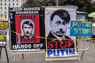 Posters depicting Russian President Vladimir Putin as Adolf Hitler are seen in Plaza Catalunya. There has been widespread opposition to Russia"s invasion of Ukraine, with protests taking place in many European cities. Image: Paco Freire/SOPA Images/LightRocket via Getty Images
