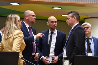 Slovakia Minister of Economy Richard Sulik (L) talks with Hungary State Secretary for Development of Circular Economy and for Energy and Climate Policy, the ministry of Innovation and Technology Attila Steiner (R) during the Special European Energy Ministers Council on Russian gas and petrol crisis at the EU headquarters in Brussels on May 2, 2022.â€‹ (Credit: JOHN THYS / AFP)