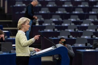 European Commission President Ursula von der Leyen speaks during a debate regarding economic sanctions against Russia, during a plenary session at the European Parliament in Strasbourg, eastern France, on May 4, 2022.â€‹ (Credits: PATRICK HERTZOG / AFP)