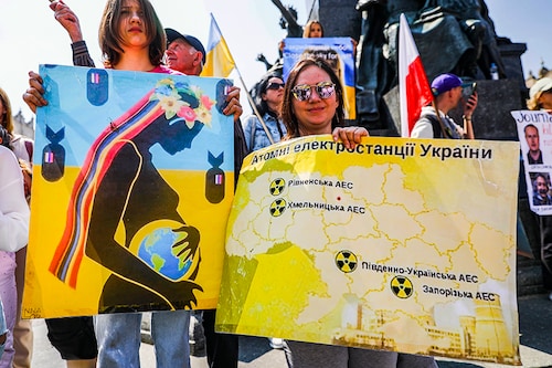 Ukrainian citizens and supporters attend a demonstration of solidarity with Ukraine at the Main Square, demanding NATO to close the sky for Russian planes over the territory of Ukraine following Russian invasion. Krakow, Poland on May 2nd, 2022. (Photo by Beata Zawrzel/NurPhoto via Getty Images) Ukrainian citizens and supporters attend a demonstration of solidarity with Ukraine at the Main Square, demanding NATO to close the sky for Russian planes over the territory of Ukraine following Russian invasion. Krakow, Poland on May 2nd, 2022. (Photo by Beata Zawrzel/NurPhoto via Getty Images)