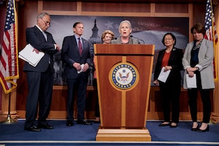 Sen. Kirsten Gillibrand (D-NY) speaks at a news conference on the U.S. Senate’s upcoming procedural vote to codify Roe v. Wade at the U.S. Capitol Building on May 05, 2022 in Washington, DC. In attendance were (L-R) U.S. Senate Majority Leader Chuck Schumer (D-NY), Sen. Richard Blumenthal (D-CT) Sen. Debbie Stabenow (D-MI) Sen. Mazie Hirono (D-HI) and Sen. Amy Klobuchar (D-MN). (Credits: Anna Moneymaker/Getty Images/AFP)