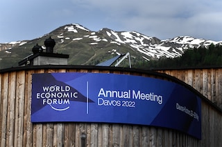 A picture shows an event banner on the congress centre ahead of the World Economic Forum (WEF) annual meeting in Davos on May 22, 2022. (Credits: Fabrice COFFRINI / AFP)