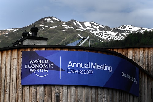 A picture shows an event banner on the congress centre ahead of the World Economic Forum (WEF) annual meeting in Davos on May 22, 2022. (Credits: Fabrice COFFRINI / AFP)