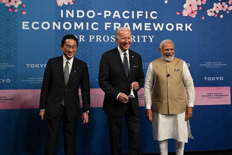 From L-R: Japan"s Prime Minister Fumio Kishida, US President Joe Biden, and India"s Prime Minister Narendra Modi attend the Indo-Pacific Economic Framework for Prosperity at the Izumi Garden Gallery in Tokyo on May 23, 2022.