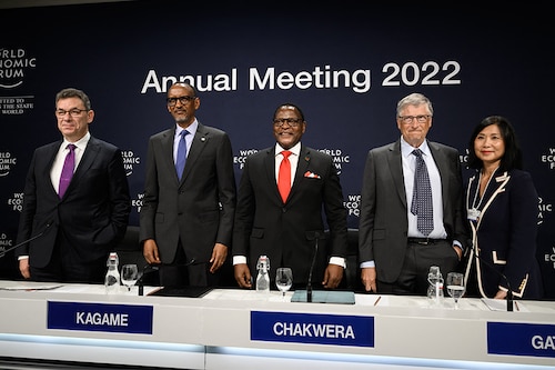 (From L) Pfizer CEO Albert Bourla, Rwanda President Paul Kagame, Malawi’s President Lazarus Chakwera, Philanthropist and co-founder of Microsoft Bill Gates and Pfizer group president Angela Hwang pose after a press conference on the sidelines of the World Economic Forum (WEF) annual meeting in Davos on May 25, 2022. US pharmaceutical giant Pfizer stated it would sell its patented drugs at a not-for-profit basis to the world"s poorest countries, as part of a new initiative announced at the World Economic Forum in Davos.