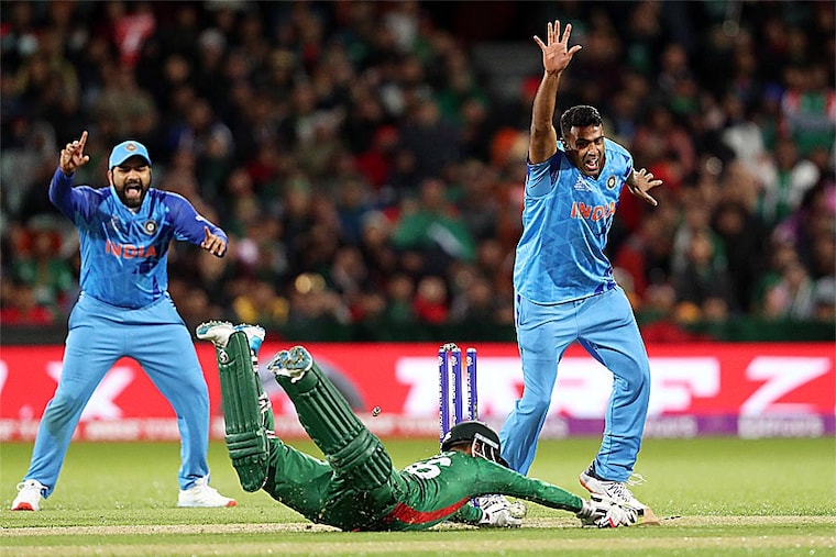 Ravichandran Ashwin celebrates the run out of Litton Das—run out by KL Rahul for 60 runs—during the ICC Men"s T20 World Cup match between India and Bangladesh at Adelaide Oval on November 02, 2022, in Adelaide, Australia. India won the game by 5 runs.