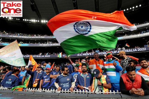 Indian fans cheer during the ICC men"s Twenty20 World Cup 2022 match between India and Pakistan at Melbourne Cricket Ground in Melbourne on October 23, 2022.
Photo:
Surjeet Yadav / AFP