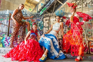 (File)  Designers wear their couture creations made exclusively from discarded rubbish to launch Junk Kouture in the in London, England. Image: Antony Jones/Getty Images for Junk Kouture