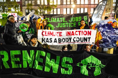 Climate change activists and organisations gathered at Union Square, New York on November 16, 2022. Rallies were held across New York State to celebrate the launch of the New York Renews Climate, Jobs and Justice Package. New York State Senators Liz Krueger and Robert Jackson spoke at Union Square, New York on Wednesday pushing for climate justice funding.
