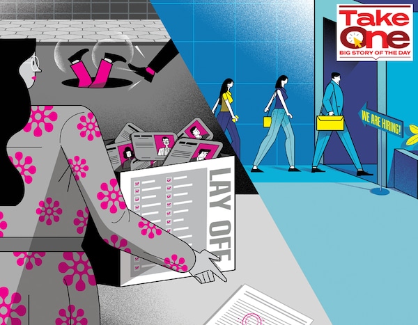 The past few months have been difficult for people working in the private sector in India, particularly for employees of tech companies. It’s not just the startups that are laying off people, but also storied IT services organisations. Illustration: Chaitanya Surpur
