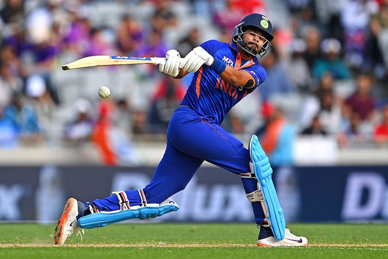 Shreyas Iyer sweeps the ball during game one of the ODI series between New Zealand and India at Eden Park on November 25, 2022, in Auckland, New Zealand. Iyer scored 80 runs from 76 balls.