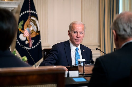 President Joe Biden leads a meeting at the White House on Sept. 26, 2022. Biden has pledged to bring down federal budget deficits by $1 trillion over a decade. (Pete Marovich/The New York Times) President Joe Biden leads a meeting at the White House on Sept. 26, 2022. Biden has pledged to bring down federal budget deficits by $1 trillion over a decade. (Pete Marovich/The New York Times)