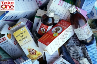 A photograph shows collected cough syrups in Banjul on October 06, 2022. - Indian authorities are investigating cough syrups made by a local pharmaceutical company after the World Health Organisation said they could be responsible for the deaths of 66 children in The Gambia.
Image: Milan Berckmans / AFP