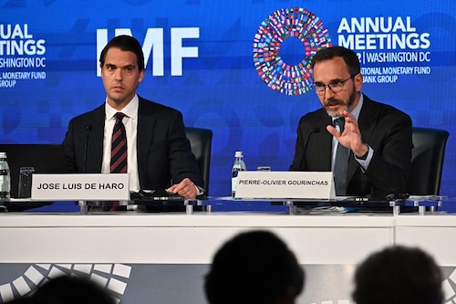 International Monetary Fund (IMF) chief economist Pierre-Olivier Gourinchas speaks at a press conference with IMF communications officer Jose Luis De Haro during the World Bank/IMF annual meeting at IMF headquarters in Washington, DC, on October 11, 2022. Image: Jim WATSON / AFP