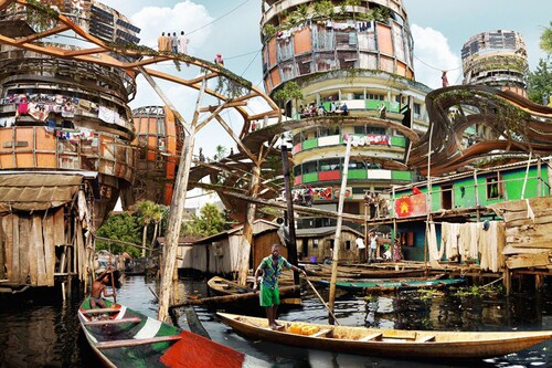 Olalekan Jeyifous imagined what Lagos would look like in 2050 in his "Shanty Megastructures" series. Image: Courtesy of MODA and Sekou Cooke Studios