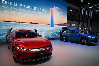 Chinese automaker BYD Han on display during the Mondial de l"Automobile (Paris Motor Show) at the Porte de Versailles Exhibition Center in Paris, France on October 17, 2022. (Photo by Mustafa Yalcin/Anadolu Agency via Getty Images)