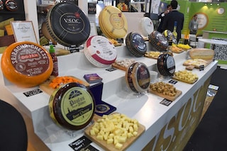Different types of cheese from the Netherlands are displayed at the Paris 2022 International Food Fair (SIAL) in Villepinte, northern Paris on October 15, 2022. Image: Eric Piermint / AFP