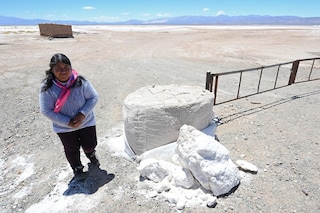 Veronica Chavez, president of the indigenous Kolla Santuario de Tres Pozos community in the northern province of Jujuy, Argentina at the Salinas Grandes salt flat, on October 18, 2022. The turquoise glimmer of open-air pools meets the dazzling white of a seemingly endless salt desert where hope and disillusionment collide in Latin America"s "lithium triangle." Image:&nbspAizar RALDES / AFP