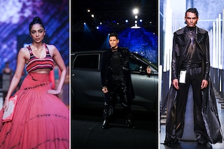 (From left) Show-stopper Sobhita Dhulipala closes the show for Logitech x Saaksha and Kinni Sidharth Malhotra as show-stopper poses with the car on the ramp for NEXA x Gaurav Gupta A model walks the ramp for designer Amit Aggarwal x realme