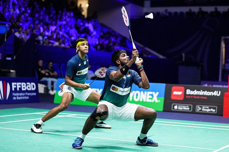 Satwiksairaj Rankireddy (R) and Chirag Shetty of India in action in Yonex French Open men"s doubles final against Lu Ching Yao and Yang Po Han of Chinese Taipei on October 30, 2022, in Paris, France. The Indian star pair won the french title 21-13, 21-19 in a straight-game demolition that lasted 48 minutes. It is their third world tour title.