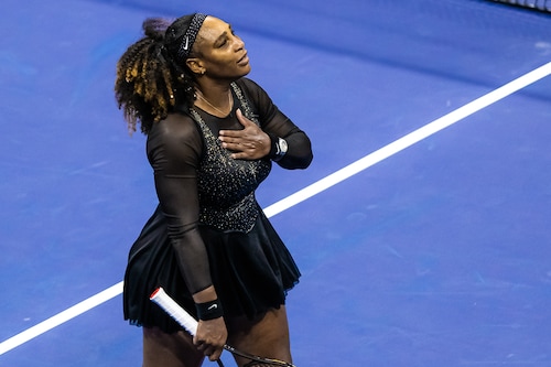 Serena Williams of the United States waves to the crowd after losing the last competitive match against Ajla Tomljanovic of Australia in the third round of the US Open Tennis Championships on September 02, 2022, in New York City. The 23 Grand Slam singles title and four time Olympic gold winner—an astounding legacy for Black women everywhere—left the staggering arena for the last time, hand on her heart, saying, "you never know". Image: Robert Prange/Getty Images