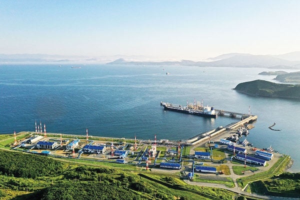 An aerial view shows Vladimir Arsenyev tanker at the crude oil terminal Kozmino on the shore of Nakhodka Bay near the port city of Nakhodka, Russia August 12, 2022. Image: Tatiana Meel / Reuters