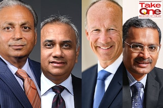 L-R: CP Gurnani of Tech Mahindra, Salil Parekh of Infosys, Thierry Delaporte of Wipro, and Rajesh Gopinathan of TCS