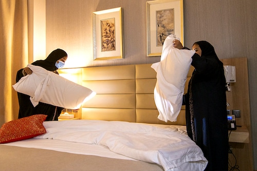 At two facilities in Riyadh, Rubaian and other trainees study tasks like welcoming hotel guests, plating food in upscale restaurants and keeping luxury suites squeaky-clean.
Image: Nasser al-Harbi / AFP At two facilities in Riyadh, Rubaian and other trainees study tasks like welcoming hotel guests, plating food in upscale restaurants and keeping luxury suites squeaky-clean.
Image: Nasser al-Harbi / AFP