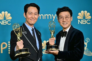 South Korean actor Lee Jung-jae (L) poses with the award for Outstanding Lead Actor In A Drama Series and South Korean director Hwang Dong-hyuk (R) with the Emmy for Outstanding Directing For A Drama Series for "Squid Game" during the 74th Emmy Awards at the Microsoft Theater in Los Angeles, California, on September 12, 2022. Image: Frederic J. Brown / AFP