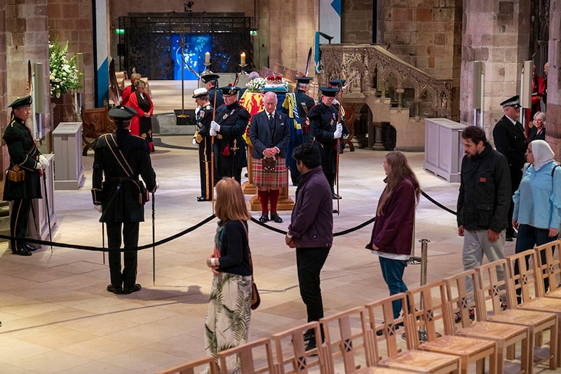 King Charles III, Prince Edward, Duke of Wessex, Princess Anne, Princes Royal and Prince Andrew, Duke of York hold a vigil at St Giles" Cathedral, in honour of Queen Elizabeth II as members of the public walk past on September 12, 2022 in Edinburgh, Scotland. The Queen’s four children attend to stand vigil over her coffin where it lies in rest for 24 hours before being transferred by air to London.