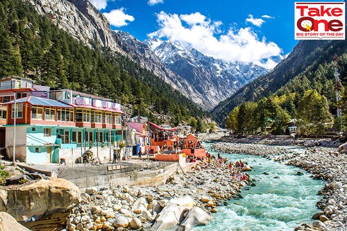 Gangotri town by the side of Bhagirathi river, the origin of the River Ganges and seat of the goddess GangaÂ  Image: Mrinalpal / Shutterstock.com