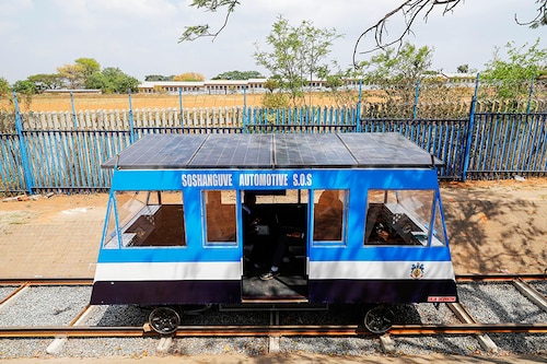 A solar-powered train built by students of Soshanguve technical high school in Soshanguve township in the northern suburbs of Pretoria. Image: Phill Magakoe / AFP