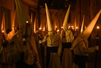 A religious parade named "Penitente Hermandad de Jesus Yacente" held within the Easter, one of the most important religious holiday of Christian world, in Zamora, Spain on April 7, 2023.