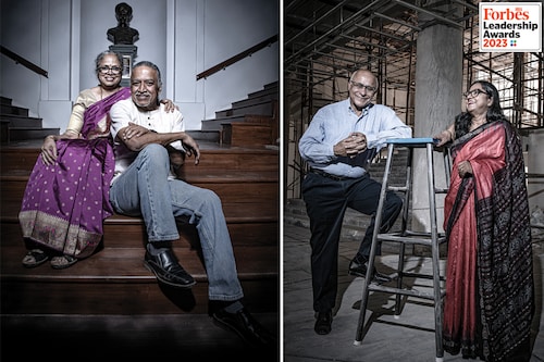 (L) Radha and NS Parthasarathy at IISc campus in Bengaluru. Image: Mexy Xavier. (R) Susmita and Subroto Bagchi at the site of the upcoming Bagchi-Shankara Cancer Centre and Research Institute in Bhubaneswar.
Image: Amit Verma
