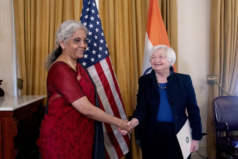 Indian Finance Minister Nirmala Sitharaman meets with US Treasury Secretary Janet Yellen at the US Treasury Department in Washington, DC, on April 11, 2023. At the meeting, Ms Sitharaman emphasised the importance of coordinated global action to address debt vulnerability in low and middle-income countries.