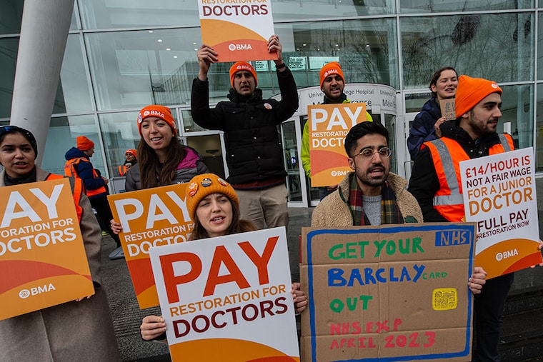 Junior Doctors attend their picket line at UCH on April 14, 2023, in London, England. Junior doctors in England are holding a 96-hour walkout hoping to achieve full pay restoration after seeing their pay cut by more than a quarter since 2008.