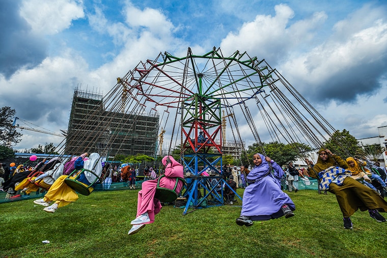 Kids enjoy the playground during the prayer of Eid al-Fitr which marks the end of Ramadan, one of the holiest months in the Islamic calendar, at Sir Ali Muslim Club Ground stadium in Nairobi, Kenya on April 21, 2023.