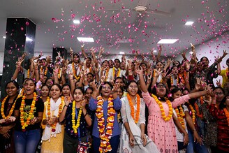 Students of class 10th and 12th celebrating their success in the Uttar Pradesh Board exam result, on April 25, 2023, in Lucknow, India. To evaluate 3.19 crore answer sheets, the UP board set up 1,43,933 examiners in 258 centres, and announced the results of 10th and 12th grades in just 67 days, a new record.